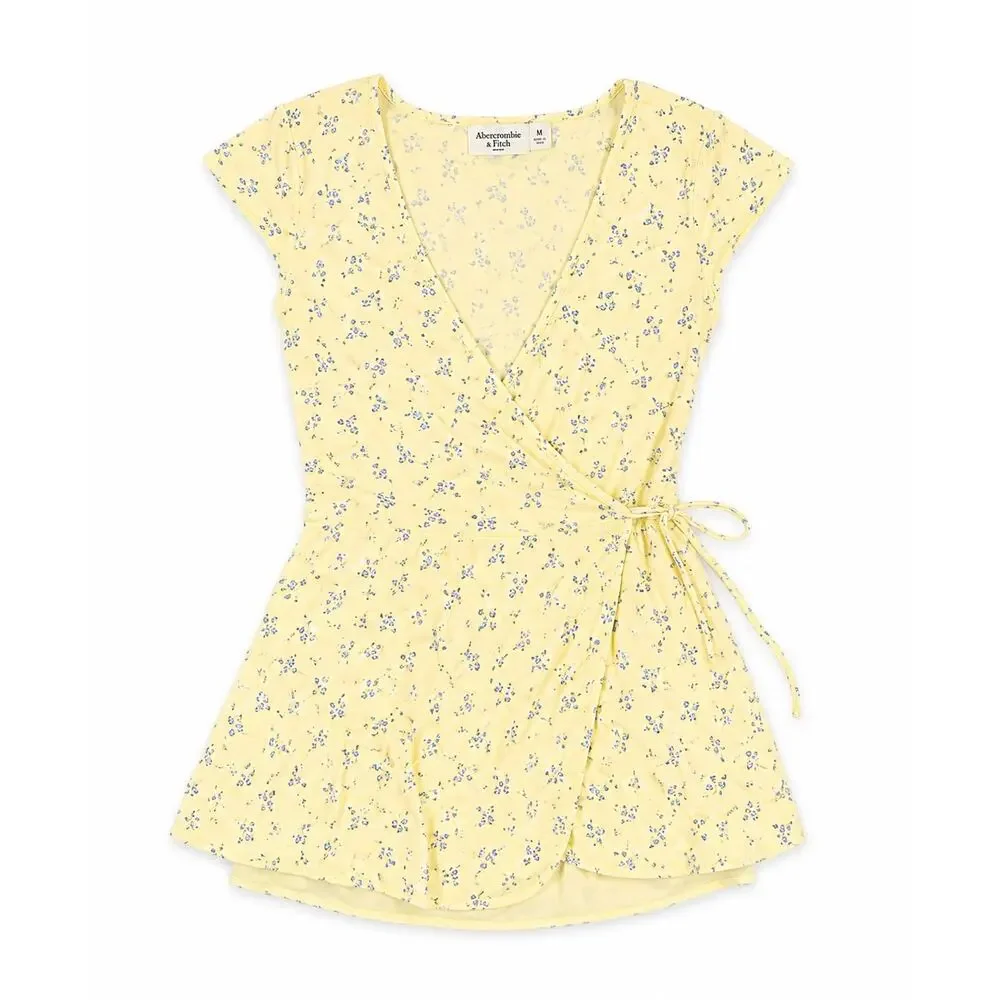 Hollister Pastel Yellow Floral Short Sleeve Wrap Mini Dress - Picture 2 of 2